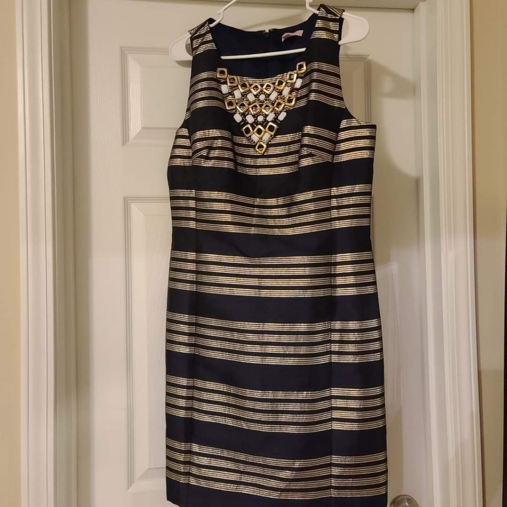 EUC Size 10 Lilly Pulitzer Navy Blue and Gold Glam Metallic Stripe Beaded Dress